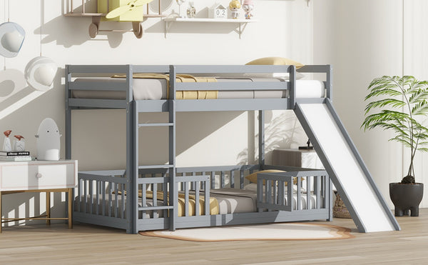 English Elm Twin Over Twin Floor Bunk Bed With Slide, Ladder, Safety Guardrails - Charming Grey Pine Wood Design W504S00189-GIGA