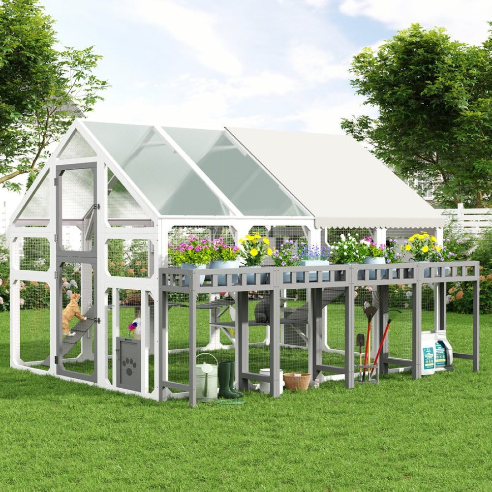 English Elm Large Walk-in Pine Wood Catio Enclosure with Platforms Resting Boxes and Planter Grey,White N704G201619K