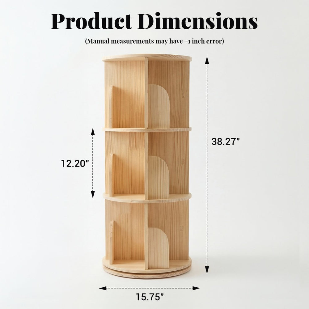 English Elm 3 Tier Spinning Round Bookcase Natural Wood Floor Shelf for Bedroom or Study W2989P460321