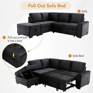 English Elm Sleeper Velvet Sectional Sofa with Ottoman Storage, USB Charging & Hidden Arm Compartments, Luxe Comfort Black SG000250AAB
