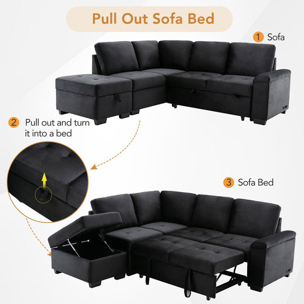 English Elm Sleeper Velvet Sectional Sofa with Ottoman Storage, USB Charging & Hidden Arm Compartments, Luxe Comfort Black SG000250AAB
