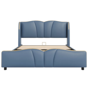 English Elm Christopher Knight Home® - Queen Plush Leather Upholstered Bed Frame with Wingback Headboard, Wavy Footboard, Quiet Support Antique Blue 85.2 L x 9.8 W x 3.25 H N761S0000016C
