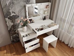 English Elm LED Lighted Makeup Vanity Table with Mirror, Ancient White Melamine, Stool, Drawers & Organizer Elegance W2139P306365