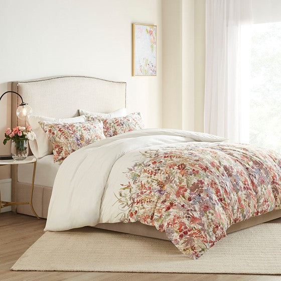 English Elm King/Cal King/Cal Mariana 3 Piece Cotton Printed Duvet Cover Set - Watercolor Floral, OEKO-TEX, Button Closure, Machine Washable B03597346