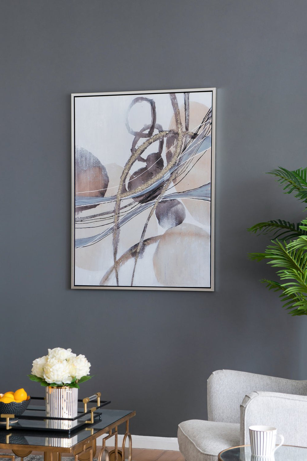 English Elm 35.4x47.2x1.5" Hand-Stretched Abstract Watercolor-Oil Painting on Silver Frame, River Rocks Accent Art—Neutral Blues & Browns for Modern Interiors W2078P313346