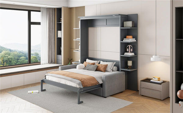 English Elm Queen Murphy Bed with Integrated Sofa Space Saving Fold Down Cabinet for Studio Living Gray LP000591AAE-2