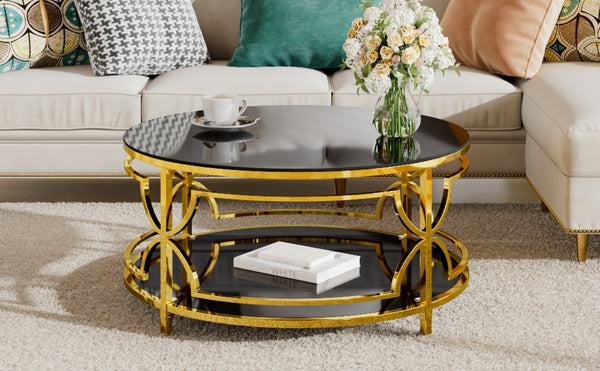 English Elm Round Tempered Glass Coffee Table with Gold Geometric Metal Base and Open Storage Shelf Black N735P396530B