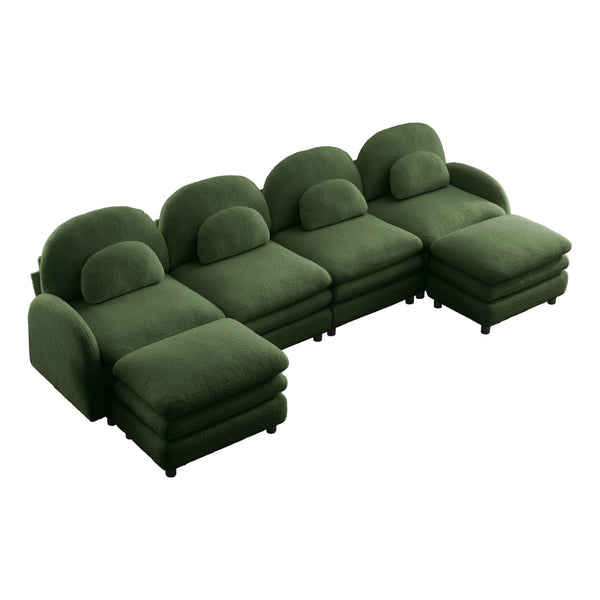English Elm Teddy Fleece Curved Modular Sectional Sofa with Movable Ottomans for Cozy Living Rooms Green W5656S00092