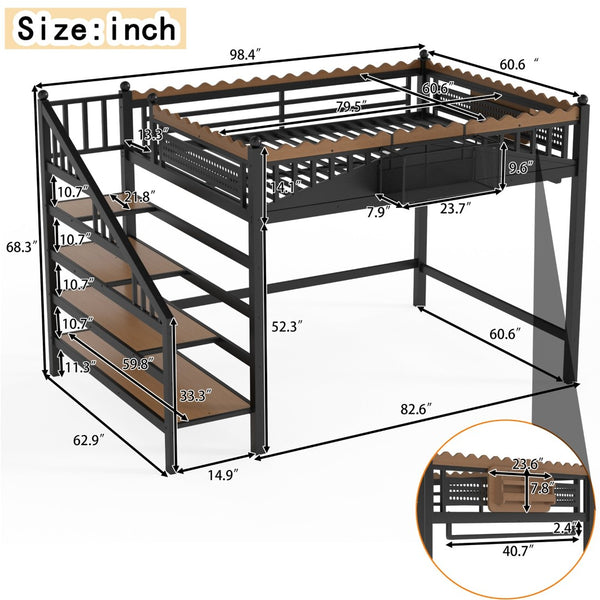English Elm Twin Xl Metal Loft Bed with Stair Storage Shelves Sturdy Steel Frame for Dorms W1580S00379