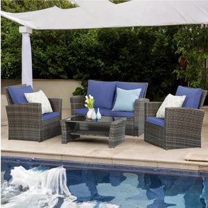 English Elm 4-piece Outdoor Wicker Conversation Set with Tempered Glass Table and Resort Style Blue+Brown B082S00057