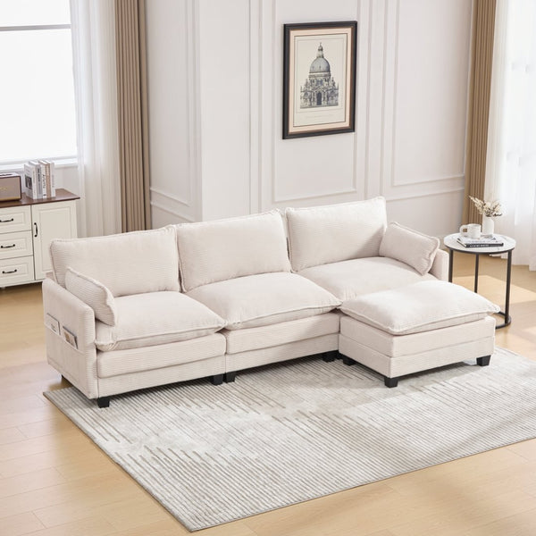 English Elm United We Win Modular Corduroy Sectional with Ottoman Low Profile Living Room Couch Beige W1568S00259
