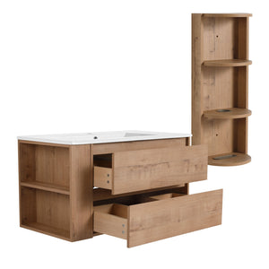 English Elm 36" Wall-Mounted Bathroom Vanity With Ceramic Sink, Dual Soft-Close Drawers & Side Rack Storage, Durable KD Packing W999S00344