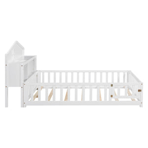 English Elm Full-size Montessori Floor Bed with Built-In Bookcase and Chalkboard, Space-Saving Solid Wood Platform for Kids White 56.3 L x 17.32 W x 5.31 H W1716S00012