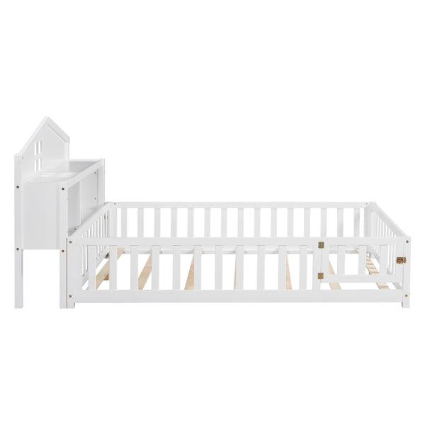 English Elm Full-size Montessori Floor Bed with Built-In Bookcase and Chalkboard, Space-Saving Solid Wood Platform for Kids White 56.3 L x 17.32 W x 5.31 H W1716S00012