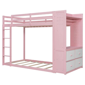 English Elm Twin Bunk Bed with Storage Drawers Hanging Rail Led Shelves and Pegboard Organizer Pink LT000282AAH