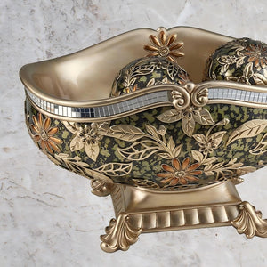 English Elm 8.25 Inch Polyresin Pedestal Fruit Bowl with Chrysanthemum Floral Motif and Spheres B072116017