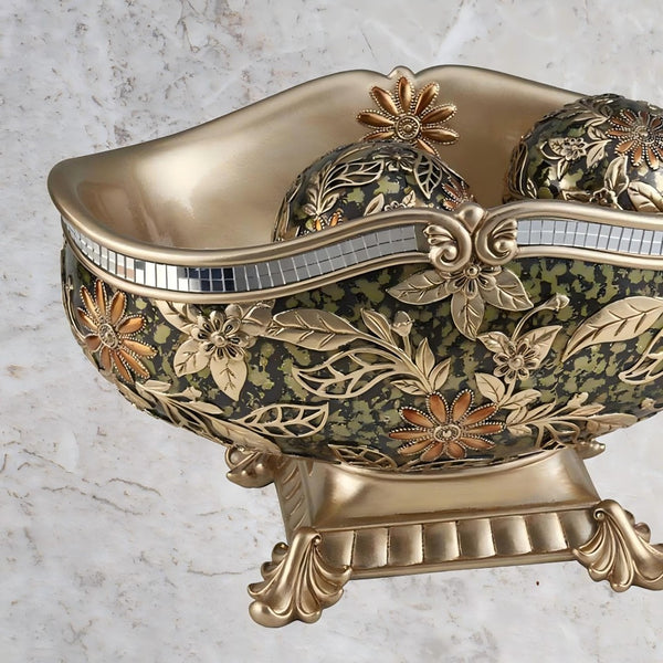 English Elm 8.25 Inch Polyresin Pedestal Fruit Bowl with Chrysanthemum Floral Motif and Spheres B072116017