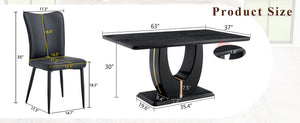 English Elm Black Wood Grain Mdf Dining Table Set Seats Six with Pu Leather Stripe Chairs W1151S04428