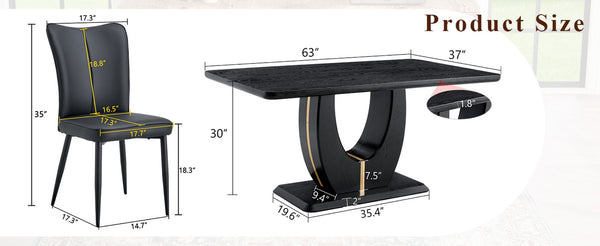 English Elm Black Wood Grain Mdf Dining Table Set Seats Six with Pu Leather Stripe Chairs W1151S04428