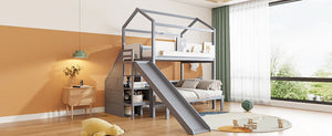 English Elm House-shaped Pine Bunk Bed with Built-in Slide Storage Staircase Twin Over Full Kids Frame Grey+White N820S00082E