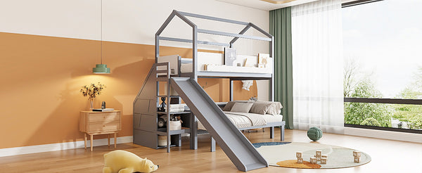 English Elm House-shaped Pine Bunk Bed with Built-in Slide Storage Staircase Twin Over Full Kids Frame Grey+White N820S00082E