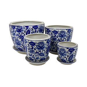English Elm Kerry Blue Floral White Ceramic Planter Collection Four Graduated Pots for Indoor Garden Display B056P416864