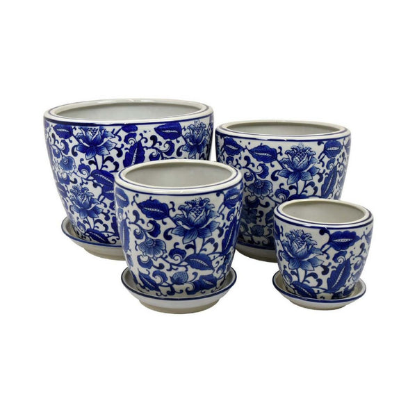 English Elm Kerry Blue Floral White Ceramic Planter Collection Four Graduated Pots for Indoor Garden Display B056P416864