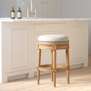 English Elm 31in. Swivel Barstool Faux Leather Seat Nailhead Trim Carved Walnut Frame Kitchen Bar Oak B2751P436441