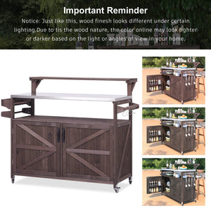 English Elm K&K 53.3" Outdoor Kitchen Island with 1.2" Stainless Top, Spacious Storage, Raised Shelf, Wheels Brown N707P250628Z