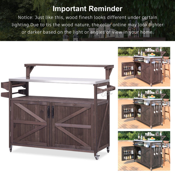 English Elm K&K 53.3" Outdoor Kitchen Island with 1.2" Stainless Top, Spacious Storage, Raised Shelf, Wheels Brown N707P250628Z