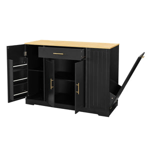 English Elm 53 Kitchen Island 53.2" x 20.9" Black & Oak Breakfast Bar with Trash Can Storage, Drawer, Shelves W1820S00008