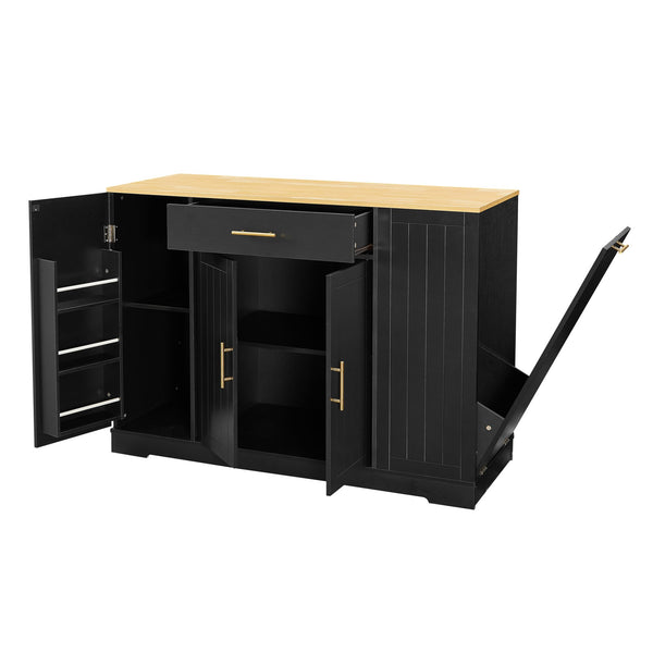 English Elm 53 Kitchen Island 53.2" x 20.9" Black & Oak Breakfast Bar with Trash Can Storage, Drawer, Shelves W1820S00008