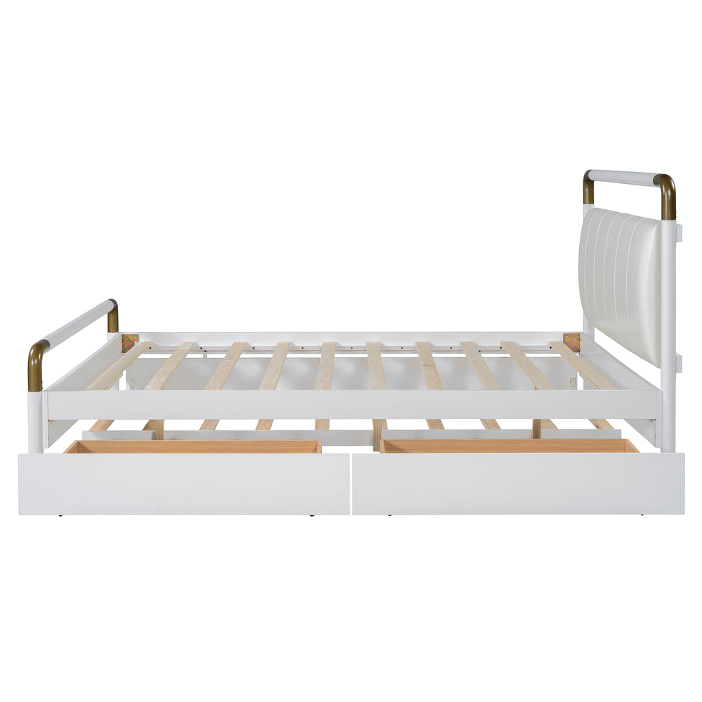 English Elm Queen Upholstered Platform Bed with Trundle & 2 Large Drawers, Padded Headboard, White/Walnut Elegance SF000190AAK