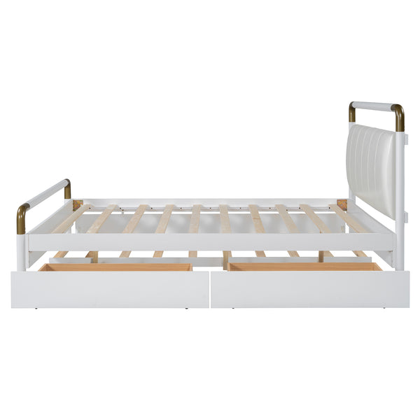 English Elm Queen Upholstered Platform Bed with Trundle & 2 Large Drawers, Padded Headboard, White/Walnut Elegance SF000190AAK