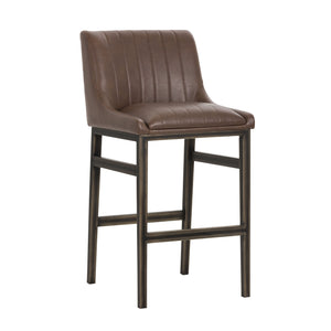 Sunpan Halden Urban Bar Stool with Bold Channel Tufting and Rustic Bronze Steel Frame for Stylish Spaces Vintage Cognac
