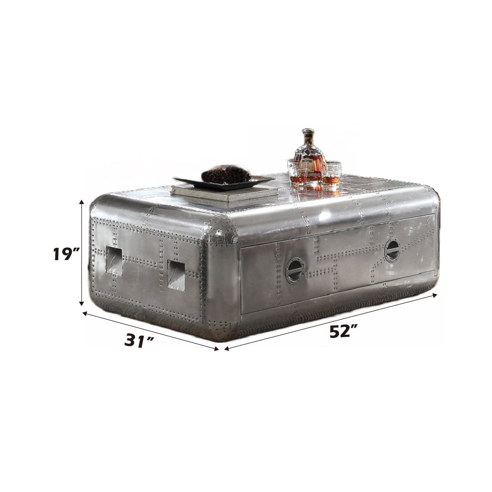 English Elm Brancaster Aluminum Coffee Table - Silver Trunk Design w/ Patchwork Aluminum, Drawer Storage, 52"W B2726P291910