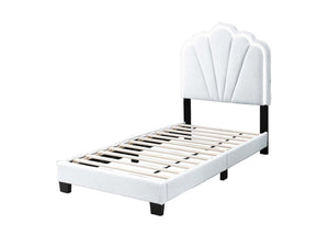English Elm 1pc Twin Platform Bed White Wool Upholstery Floral Tufted Headboard with Built-in Led B011P417508
