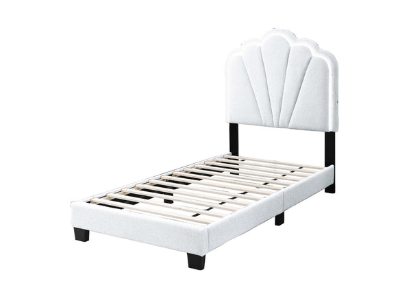 English Elm 1pc Twin Platform Bed White Wool Upholstery Floral Tufted Headboard with Built-in Led B011P417508
