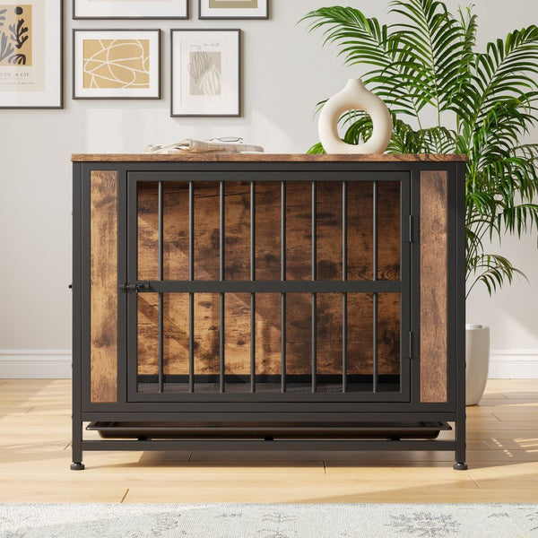 English Elm Dog Crate Furniture Wooden Kennel with Iron Frame Rustic Side Table for Small Pets W840P203066