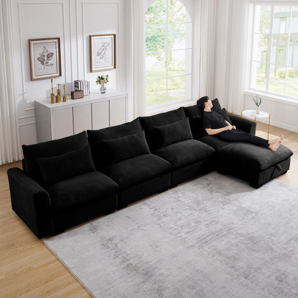 English Elm Large L Shape Corduroy Sectional Sofa with Storage Ottoman, Deep Seats, 4 Waist Pillows, Black W714S00852