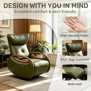 English Elm Power Reclining Swivel Chair Eco Leather Oak Armrests 260 Degree Lounge Seating Green W3795P502504