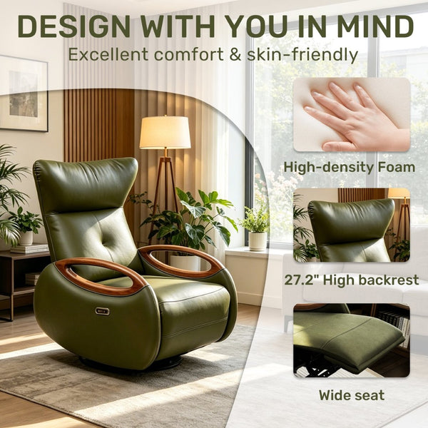 English Elm Power Reclining Swivel Chair Eco Leather Oak Armrests 260 Degree Lounge Seating Green W3795P502504
