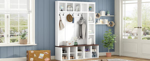 English Elm Farmhouse Hall Tree with Triple Arch Back Panel Eight Hooks Drawers and Entryway Bench N721S000044K-1