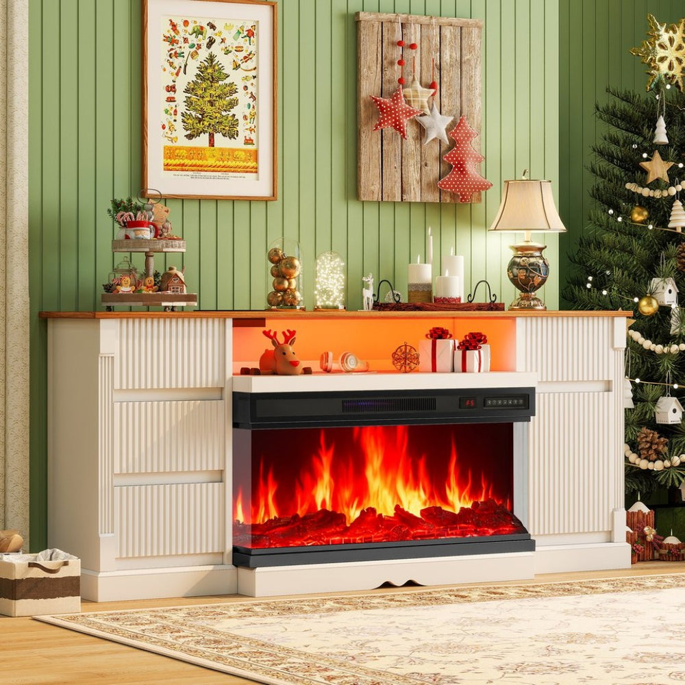 English Elm Fireplace Tv Stand with Electric Flame Effect Built in Storage and Integrated Power Hub W3383P355698