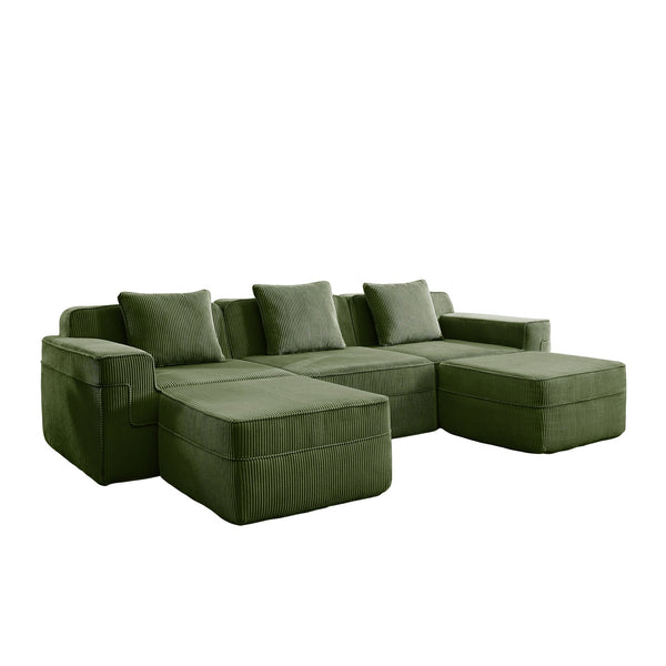 English Elm Modular U-Shape Sectional Sofa With Plush Corduroy Upholstery, Movable Ottomans & Cozy Pillows W3041S00333