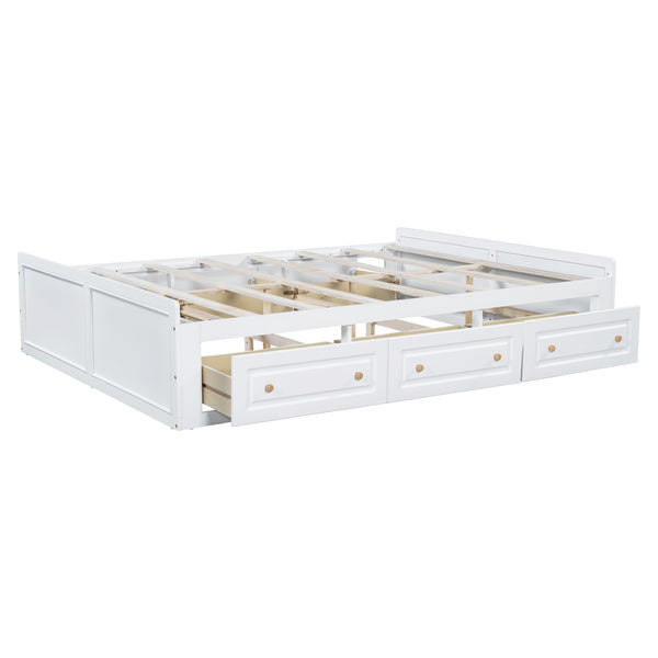 English Elm Wood Queen Size Platform Bed Frame with 6 Drawers for Storage, Sturdy Pine/MDF Slat System, 500lb Capacity White N709P241723K