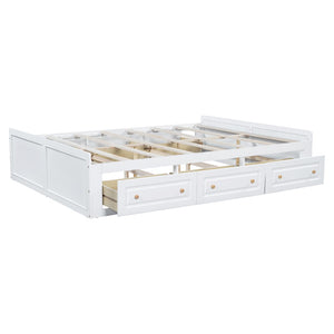 English Elm Wood Queen Platform Bed Solid Pine Frame Six Storage Drawers No Box Spring Needed White N709P241723K-1