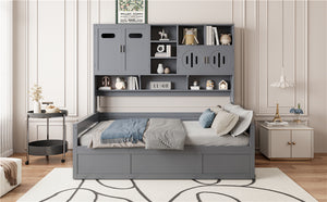 English Elm Full Size Wooden Daybed With Hydraulic Lift, Integrated Storage Cabinet & Shelves In Gray Finish N820S00047E