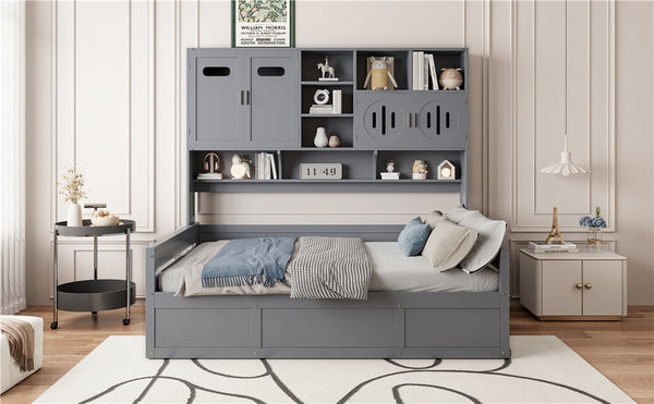 English Elm Full Size Wooden Daybed With Hydraulic Lift, Integrated Storage Cabinet & Shelves In Gray Finish N820S00047E