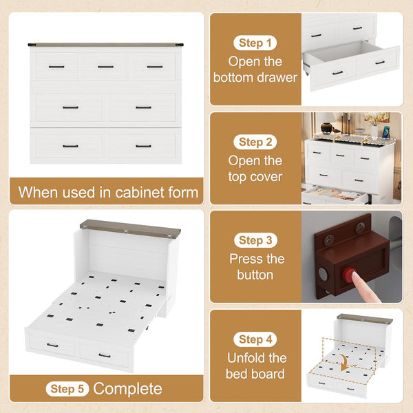 English Elm Murphy Full-Size Cabinet Bed with Built-In Charging Station, Storage Drawer & 700lb Capacity Comfort White 52.5 L x 26 W x 5.5 H N733S293995W